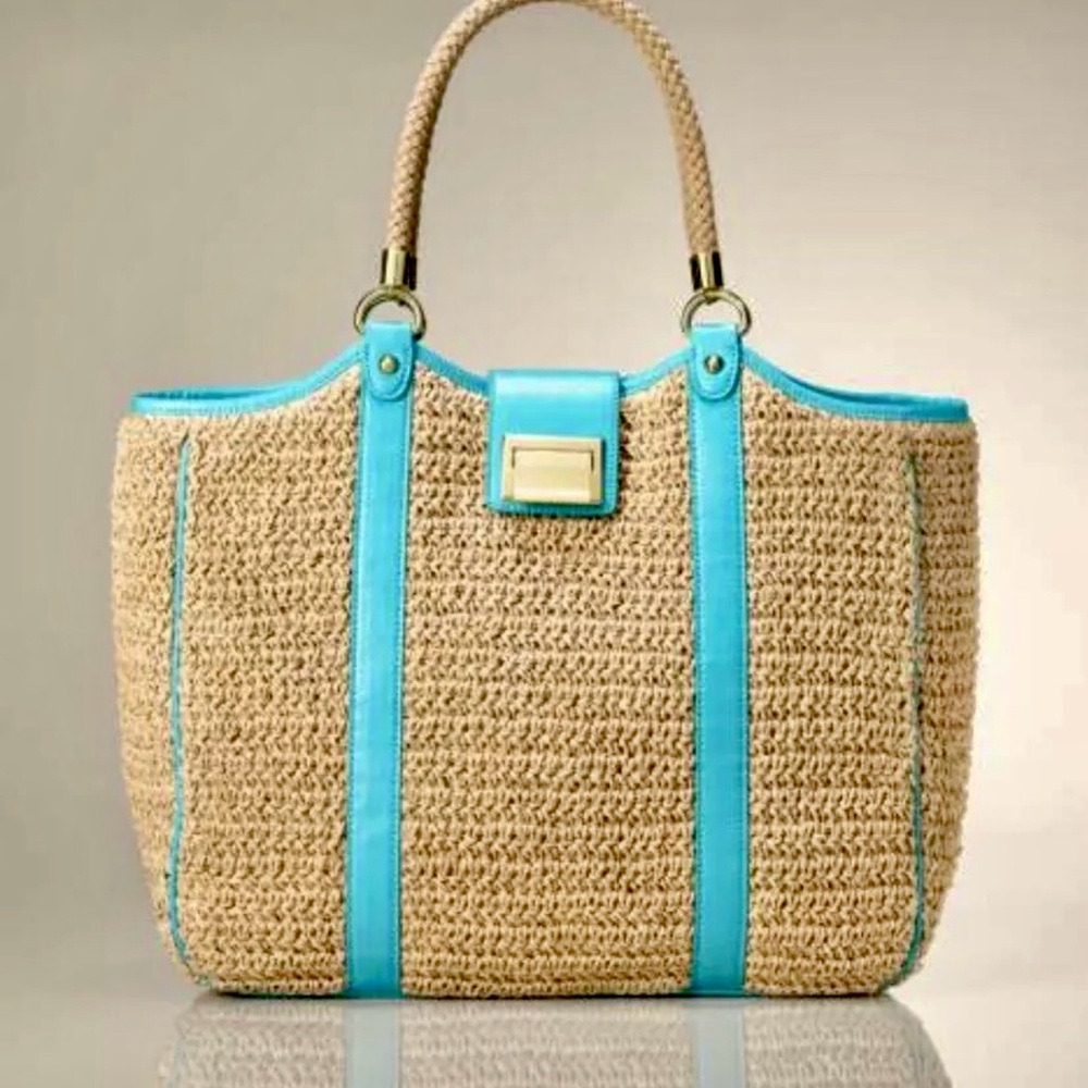 Talbots and Tan Woven Straw Tote Bag with Turquoise Accents NWOT
